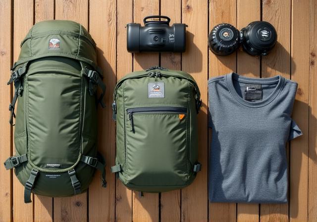 Waterproof camping gear laid out on a wooden deck