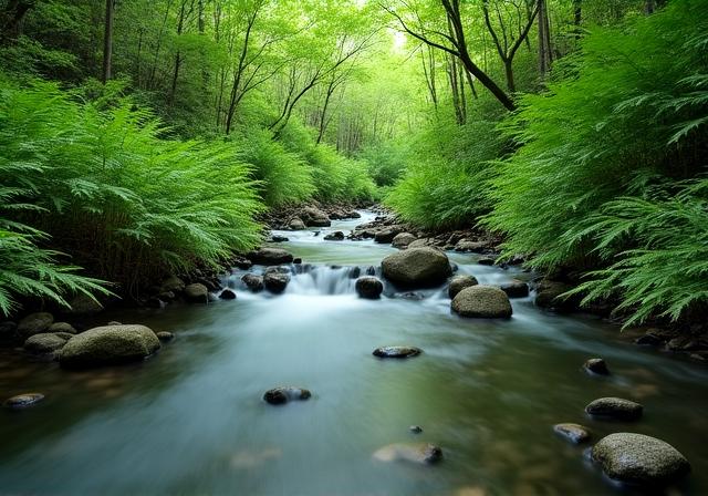A quiet stream surrounded by ferns